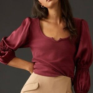 MAEVE Anthropologie Ribbed Satin Tiered Burgundy Long Sleeve Women’s Top Sz MP